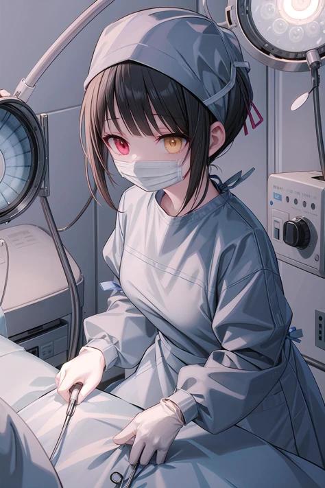Highly detailed, High Quality, Masterpiece, beautiful,masterpiece,best quality, illustration, 1girl, solo,
<lora:人ç©-约æ-æ¶å´çä¸v1(h-madoka):0.8> aakurumi,( long hair, twintails:0.0), heterochromia, medium breasts,black hair,
<lora:ConceptClothingSurgicalOutfit1_1:1>long sleeve surgical outfit,( surgical mask:1.3), surgical gloves, surgical cap, operating room, overhead surgical light, short hair,