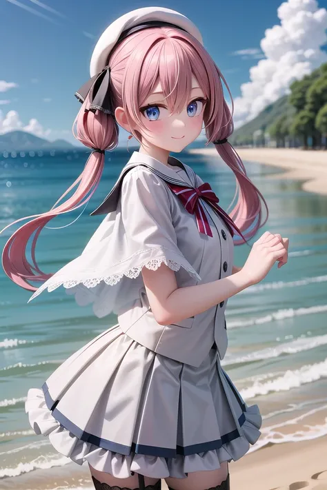 insanely detailed, absurdres, ultra-highres, ultra-detailed, best quality,
1girl, solo, nice hands, perfect hands
BREAK
(nsfw:-1.5),
(gothic drress, Idol costume:1.3), (pink and white theme:1.2), (white blouse:1.4), (white collar, tie:1.3), (open short-cape:1.3), (short sleeve:1.2), (pink tartan-check pattern (ruffle-skirt, multilayer-skirt):1.4), (white basque-beret with ribbon:1.3), (Fishnet stockings:1.3), (glove:1.2), (cleavage:-1.5)
BREAK
happy smile, laugh, closed mouth,
from below,
cute pose, cowboy shot, looking at viewer
BREAK
slender, kawaii, perfect symmetrical face, ultra cute girl, ultra cute face, ultra detailed eyes, ultra detailed hair, ultra cute, ultra beautiful
BREAK
(at seashore, seaside, coast, beach, tropical, sky, blue ocean:1.2), depth of field, ultra detailed background, (very wide, panorama view, sense of depth, magnificent view:1.3)
BREAK
medium large breasts
BREAK
red hair, blue eyes, twintail, hair between eyes