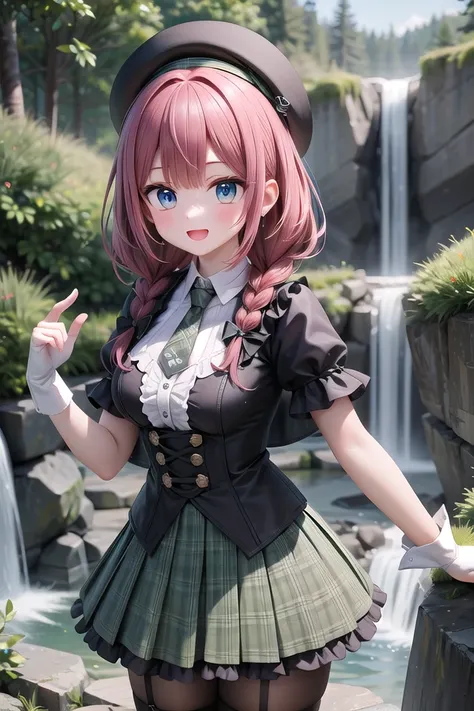 insanely detailed, absurdres, ultra-highres, ultra-detailed, best quality,
1girl, solo, nice hands, perfect hands
BREAK
((gothic dress, Idol costume):1.3), (green and white theme:1.2), (white blouse:1.4), ((white collar, tie):1.3), (open short-cape:1.3), (short sleeve:1.2), (green tartan-check pattern (ruffle-skirt, multilayer-skirt):1.4), (white basque-beret with ribbon:1.3), (Fishnet stockings:1.3), (glove:1.2)
, (nsfw:-1.5)
BREAK
happy smile, laugh, open mouth
BREAK
,
standing, cowboy shot, looking at viewer
BREAK
slender, kawaii, perfect symmetrical face, ultra cute girl, ultra cute face, ultra detailed eyes, ultra detailed hair, ultra cute, ultra beautiful
BREAK
in forest, depth of field, ultra detailed background
BREAK
large breasts
BREAK
red hair, blue eyes, waterfall braids,