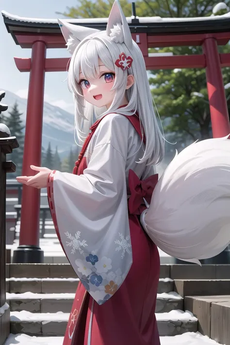 insanely detailed, absurdres, ultra-highres, ultra-detailed, best quality,
1girl, solo, nice hands, perfect hands,
BREAK
miko, hanfu, winter hanfu, cloak, (bare shoulder:-1.5), (cleavage:-1.5)
BREAK
happy smile, laugh, open mouth, standing,
from side,
standing, cowboy shot, lookin at viewer
BREAK
slender, kawaii, perfect symmetrical face, ultra cute girl, ultra cute face, ultra detailed eyes, ultra detailed hair, ultra cute, ultra beautiful,
BREAK
japan, shrine, snowing, snowflake, snow, torii gate, stone steps, shrine architecture
BREAK
(white blue hair:1.2), very long hair, red eyes, two-tone hair, hair ornament, fox ears, fox tail, multiple tails,