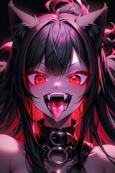 1girl, black hair, long hair, red eyes, cat ears, <lora:PSYCHOPHONKY:1> psychophonky, psychotic, crazy smile, glowing eyes, fangs, sharp teeth, mouth open, tongue sticking out, neon hair
