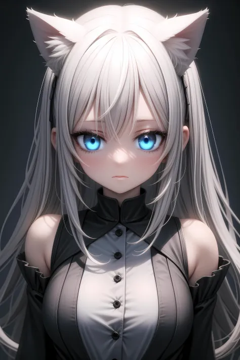 1girl, long hair, black hair, white hair, multi hair color, blue eye, glowing eyes, cat ears