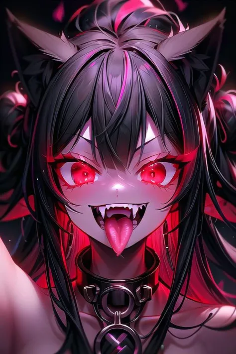1girl, black hair, long hair, red eyes, cat ears, <lora:PSYCHOPHONKY:1> psychophonky, psychotic, crazy smile, glowing eyes, fangs, sharp teeth, mouth open, tongue sticking out, neon hair