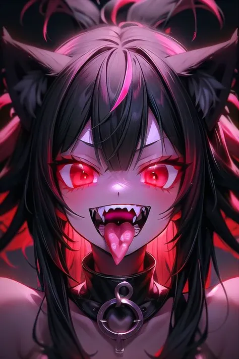 1girl, black hair, long hair, red eyes, cat ears, <lora:PSYCHOPHONKY:1> psychophonky, psychotic, crazy smile, glowing eyes, fangs, sharp teeth, mouth open, tongue sticking out, neon hair