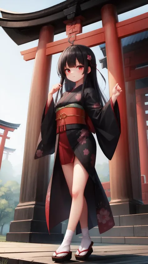 ,(masterpiece),(highres),(high quality),(beautiful illustration),
,(cute girl:1.2),(solo),(skinny),(petite),
,(black hair:1.3),(red eyes),(long hair:1.2),
,(short kimono),
,(shrine),(torii),
,(looking at viewer),