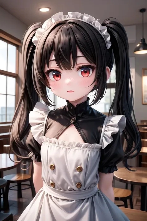 ,(masterpiece),(highres),(high quality),(insanely detailed),(absurdres),(ultra-highres),(ultra-detailed),(ultra-quality),(ultra-beautiful),(ultra detailed background),(best quality),(intricate),(game cg),(amazing quality),(illustration),(extremely detailed CG unity 8k wallpape),(beautiful illustration),(UHD,HDR),
BREAK
,(cute girl),(skinny),(solo),(petite:1.7),(kawaii),(slender),(perfect symmetrical face),(waifu),(small breasts),
,(ultra cute face),(ultra detailed eyes),(ultra detailed hair),(ultra cute),(ultra beautiful),(perfect anatomy),
BREAK
,(black hair:1.2),(red eyes:1.3),(long twintails),
BREAK
,(maid),
BREAK
,(cafe),
BREAK
,(looking at viewer),
BREAK