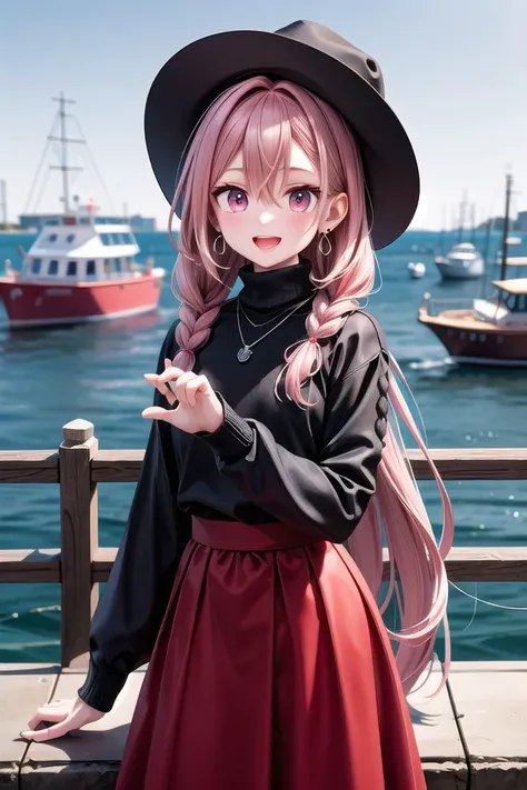 insanely detailed, absurdres, ultra-highres, ultra-detailed, best quality,
1girl, solo, nice hands, perfect hands
BREAK
(nsfw:-1.5),
(black theme:1.4), (fit body:1.3), (tight long sleeve and turtleneck (black sweater):1.4), (black heeled boots with lace-up:1.1),
BREAK
(black and red theme:1.3), ((red) high-waisted ((maxi length skirt, very long A line skirt):1.2) with [plaid pattern]:1.4), ((black) bucket hat with wide brim:1.4),
BREAK
((earrings, necklace):1.2),
(naked skin:-1), (mini skirt:-1), (legs:-1), (straw hat:-1), (red hat:-1), (green hat:-1), (white sweater:-1), (slit:-1), (belt:-1), (multiple necklaces:-1), (navel:-1), (waist:-1), (cleavage:-1.5)
BREAK
happy smile, laugh, open mouth,
,
cute pose, cowboy shot, looking at viewer
BREAK
slender, kawaii, perfect symmetrical face, ultra cute girl, ultra cute face, ultra detailed eyes, ultra detailed hair, ultra cute, ultra beautiful
BREAK
(bay, sea, harbor, bay side:1.4), (cityscape in tokyo:1.3), buildings, day, blue sky, panorama view, outdoor, (indoors:-1.3), (day:1.3), (evening:-1.5), (night:-1.5), depth of field, ultra detailed background, (very wide, panorama view, sense of depth, magnificent view:1.3)
BREAK
medium breasts
BREAK
pink hair, pink eyes, crochet braids, hair between eyes