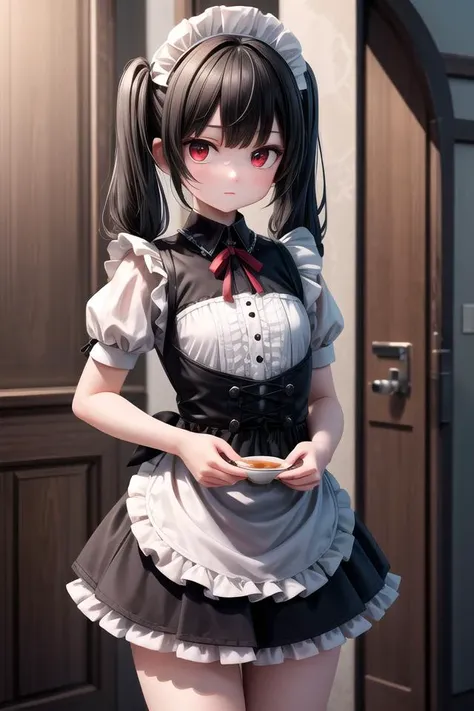 ,(masterpiece),(highres),(high quality),(insanely detailed),(absurdres),(ultra-highres),(ultra-detailed),(ultra-quality),(ultra-beautiful),(ultra detailed background),(best quality),(intricate),(game cg),(amazing quality),(illustration),(extremely detailed CG unity 8k wallpape),(beautiful illustration),(UHD,HDR),
BREAK
,(cute girl),(skinny),(solo),(petite:1.7),(kawaii),(slender),(perfect symmetrical face),(waifu),(small breasts),
,(ultra cute face),(ultra detailed eyes),(ultra detailed hair),(ultra cute),(ultra beautiful),(perfect anatomy),
BREAK
,(black hair:1.2),(red eyes:1.3),(long twintails),
BREAK
,(maid),
BREAK
,(cafe),
BREAK
,(looking at viewer),
BREAK
