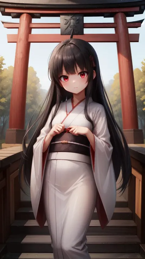 ,(masterpiece),(highres),(high quality),(beautiful illustration),
,(cute girl:1.2),(solo),(skinny),(petite),
,(black hair:1.3),(red eyes),(long hair:1.2),
,(short kimono),
,(shrine),(torii),
,(looking at viewer),