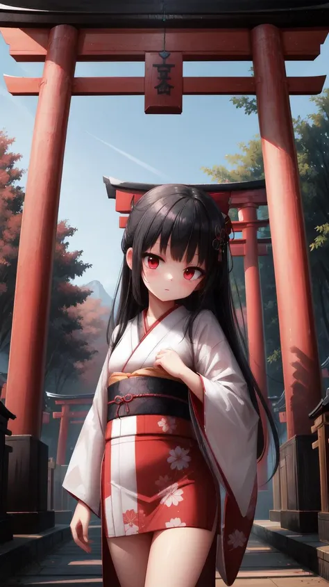 ,(masterpiece),(highres),(high quality),(beautiful illustration),
,(cute girl:1.2),(solo),(skinny),(petite),
,(black hair:1.3),(red eyes),(long hair:1.2),
,(short kimono),
,(shrine),(torii),
,(looking at viewer),