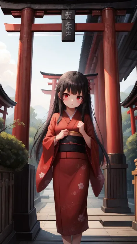 ,(masterpiece),(highres),(high quality),(beautiful illustration),
,(cute girl:1.2),(solo),(skinny),(petite),
,(black hair:1.3),(red eyes),(long hair:1.2),
,(short kimono),
,(shrine),(torii),
,(looking at viewer),
