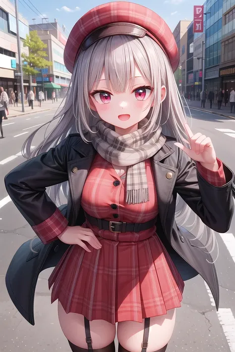 insanely detailed, absurdres, ultra-highres, ultra-detailed, best quality,
1girl, solo, nice hands, perfect hands,
BREAK
white boots,( pele hat:1.2), thermal layers, (red Plaid skirt:1.1), sweater,garter ring,
BREAK Scarf,black coat with golden embroidery,coat with open front button,(black knee-high socks:1.3)
BREAK
happy smile, laugh, open mouth, standing,
(45 angle:-1.5), (from side:-1.5),
cute pose, cowboy shot,
BREAK
slender, kawaii, perfect symmetrical face, ultra cute girl, ultra cute face, ultra detailed eyes, ultra detailed hair, ultra cute, ultra beautiful,
BREAK
in harajuku, shibuya, tokyo, street, crowd, cityscape,
BREAK
medium large breasts,
(grey hair, red eyes),