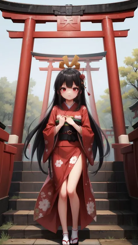 ,(masterpiece),(highres),(high quality),(beautiful illustration),
,(cute girl:1.2),(solo),(skinny),(petite),
,(black hair:1.3),(red eyes),(long hair:1.2),
,(short kimono),
,(shrine),(torii),
,(looking at viewer),