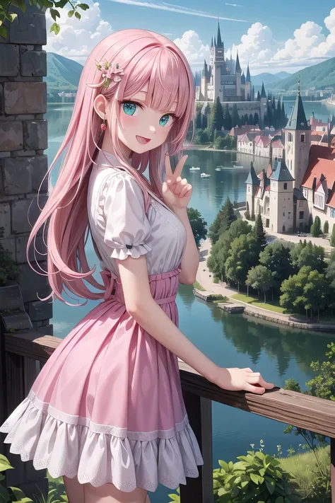 insanely detailed, absurdres, ultra-highres, ultra-detailed, best quality,
1 girl, solo, nice hands, perfect hands,
BREAK,
(wearing princess dress), teara,
happy smile, laugh, open mouth,
standing,
from side, cowboy shot, looking at viewer,
BREAK,
slender, kawaii, perfect symmetrical face, ultra cute girl, ultra cute face, ultra detailed eyes, ultra detailed hair, ultra cute, ultra beautiful,
BREAK,
fantasy world, (castle in background, lake:1.3), (very wide, panorama view, sense of depth, magnificent view:1.3)
BREAK,
princess girl, pink hair, green eyes, medium breasts