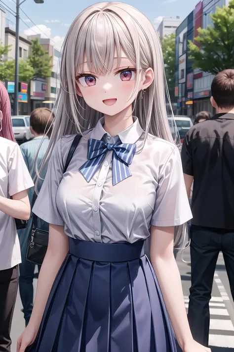 insanely detailed, absurdres, ultra-highres, ultra-detailed, best quality,
1girl, solo, nice hands, perfect hands,
BREAK
summer school uniform with indigo blue bowtie, (short sleeves, dark blue skirt, pleated skirt:1.3), (indigo blue:1.3) bowtie, (white shirt:1.3), shirt with white button, (skirt with many pleats:1.4), plain shirt, plain skirt, (striped bowtie:1.3), shirt_tucked_in ,
BREAK
happy smile, laugh, open mouth, standing,
(45 angle:-1.5), (from side:-1.5),
cute pose, cowboy shot,
BREAK
slender, kawaii, perfect symmetrical face, ultra cute girl, ultra cute face, ultra detailed eyes, ultra detailed hair, ultra cute, ultra beautiful,
BREAK
in harajuku, shibuya, tokyo, street, crowd, cityscape,
BREAK
medium large breasts,
(grey hair, red eyes),