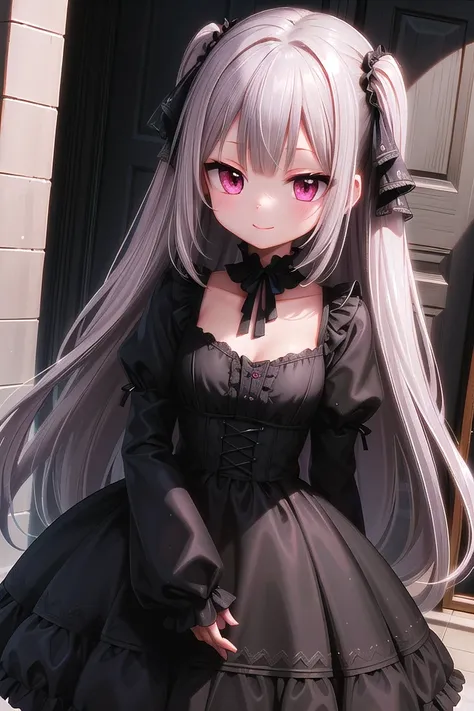 ((masterpiece:1.4, best quality)), ((masterpiece, best quality)),
one girl, cute girl, silver hair, long hair, pink eyes with hearts, smile, black gothic dress, white frill,