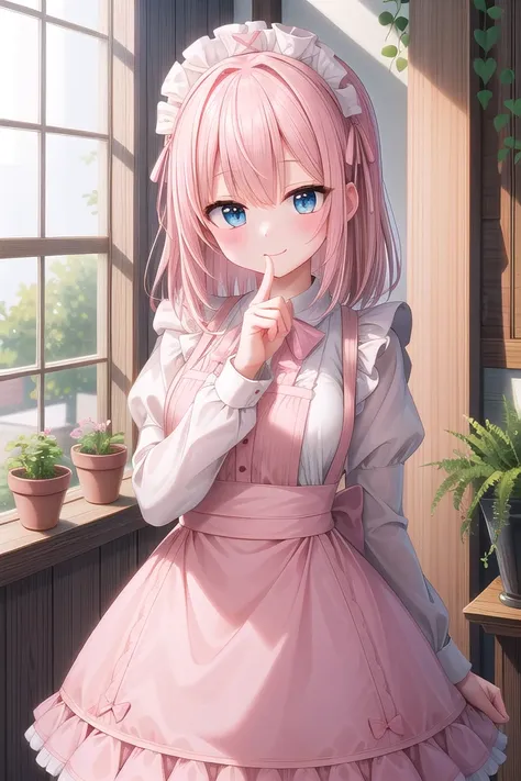 insanely detailed, absurdres, ultra-highres, ultra-detailed, best quality,
1girl, solo, nice hands, perfect hands,
BREAK
apron, blush, bow, bowtie, frilled apron, frills, long sleeves, maid, maid apron, maid headdress, waist apron, white apron
BREAK
smile, closed mouth
BREAK
finger to mouth, index finger raised, shushing, cowboy shot, looking at viewer,
BREAK
slender, kawaii, perfect symmetrical face, ultra cute girl, ultra cute face, ultra detailed eyes, ultra detailed hair, ultra cute, ultra beautiful,
BREAK
day, flower, ivy, leaf, indoors, open door, plant, potted plant, vines, window,
BREAK
white (pink:1.2) hair, green eyes, long hair, medium breasts, bangs, eyebrows visible through hair,