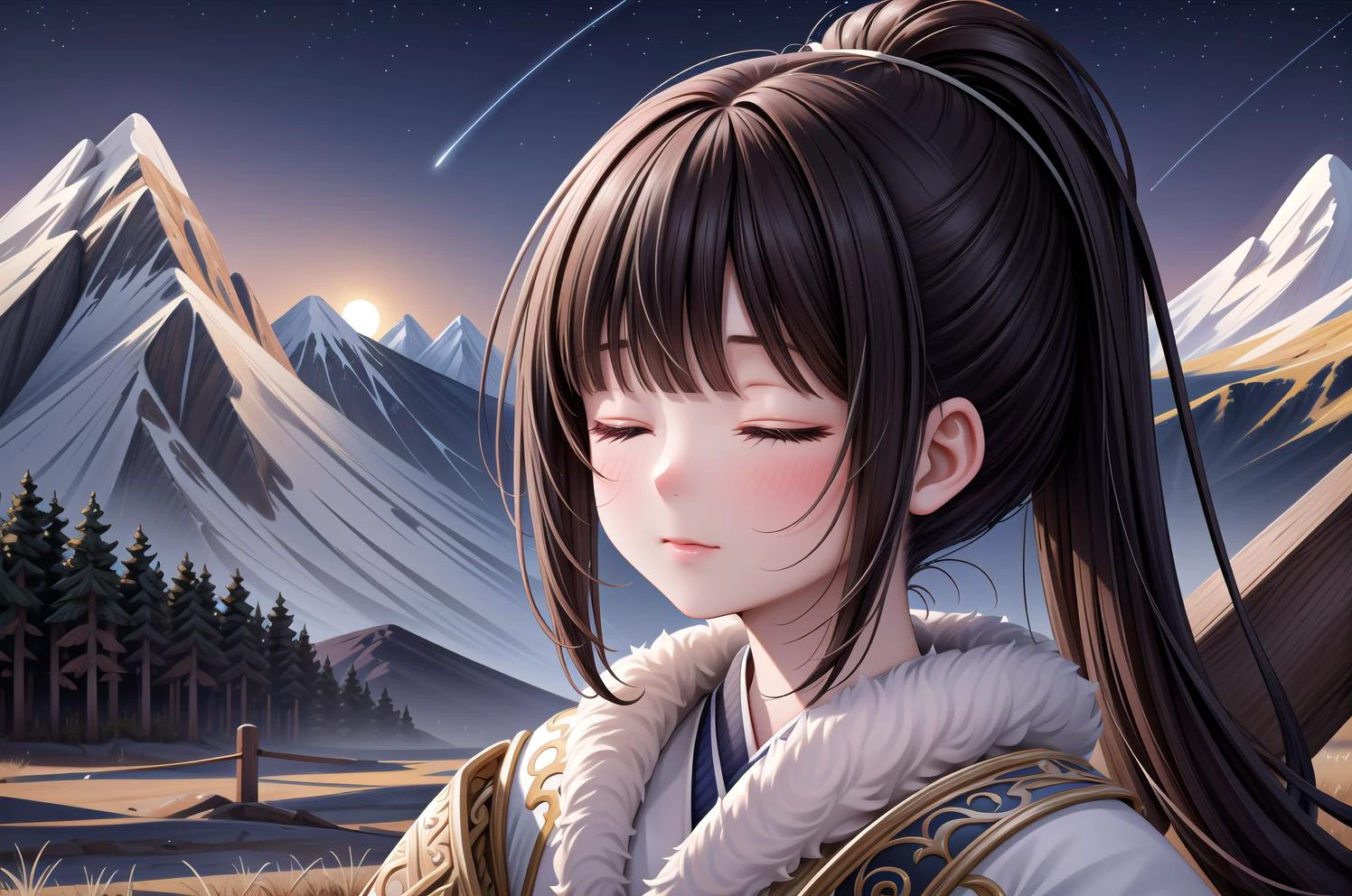 OverallDetail, masterpiece, highres, high quality, HQ, absurdres, very aesthetic, illustration, perfect composition, intricate details, detailed face, best quality, 4K,8âª, immersive picture, volumetric light, cinematic light, 1 woman, adult, full body, closed eyes, black hair, high ponytail, blunt bangs, kimono, closed mouth, on knees:1.5, outside, night, moonlight, beautiful landscape, mountains, forest, stars, galaxy