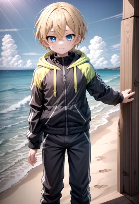 <lora:sota sd15_epoch_17:0.6>,sota, solo,looking at viewer,short hair,bangs,blue eyes,blonde hair,long sleeves,(1boy:1.3),hair between eyes,standing,wide rashguard jacket,(male focus:1.3),cowboy shot,outdoors,sky,day,pants,cloud,hood,water,blue sky,ocean,beach,black pants,hood down,child,multicolored clothes,zipper,horizon,(male child:1.2),wall,multicolored jacket,two-tone jacket , (masterpiece:1.2), best quality, high resolution, unity 8k wallpaper, (illustration:0.8), (beautiful detailed eyes:1.6), extremely detailed face, perfect lighting, extremely detailed CG, smile,
The soft lighting and detailed surroundings create an immersive environment where imagination runs wild hyper-detailed,hyper-detailed face, high quality visuals, dim Lighting, sharply focused, octane render, 8k UHD,
GS-Boyish