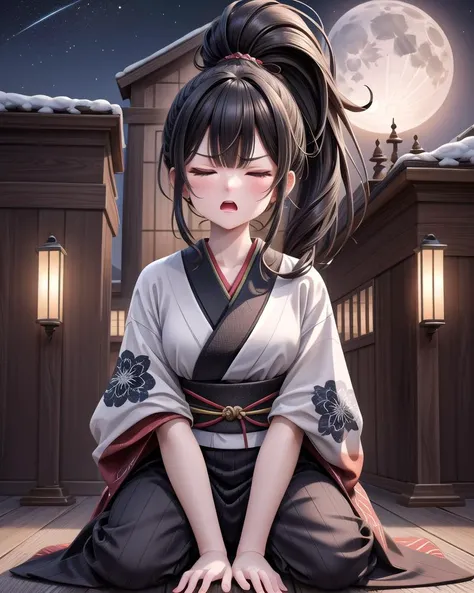 OverallDetail, masterpiece, highres, high quality, HQ, absurdres, very aesthetic, illustration, perfect composition, intricate details, detailed face, best quality, 4K,8âª, immersive picture, volumetric light, cinematic light, 1 woman, adult, full body, closed eyes, black hair, high ponytail, blunt bangs, kimono, angry, on knees:1.5, outdoors, night, moonlight