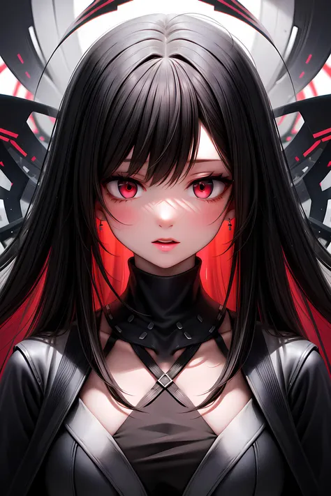 glitch art of 1girl, long hair, black hair, red eyes . distorted, digital, vibrant, abstract, modern,refined
