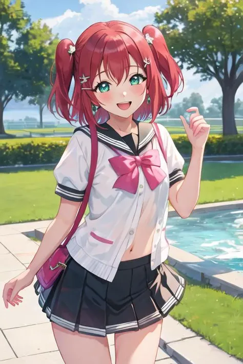 best quality, masterpiece, highres, solo, {kurosawa_ruby_lovelivesunshine:1.15}, red_hair, bangs, blush, two_side_up, smile, aqua_eyes, green_eyes, open_mouth, short_hair, hair_ornament