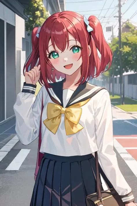 best quality, masterpiece, highres, solo, {kurosawa_ruby_lovelivesunshine:1.15}, red_hair, bangs, blush, two_side_up, smile, aqua_eyes, green_eyes, open_mouth, short_hair, hair_ornament, 1girl, bow, bowtie, looking_at_viewer, school_uniform, serafuku, uranohoshi_school_uniform, yellow_bow, yellow_bowtie, long_sleeves, upper_body