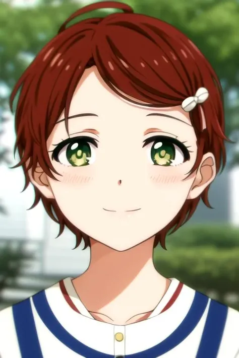 1girl, masterpiece, highres, upper body,short hair,green eyes <lora:MomoeSawakiR4:0.7>,MomoeSawakiR4,bangs,blurry,blurry background,blurry foreground,blush,depth of field,hoshizora rin,looking at viewer,outdoors,photo background,portrait,smile,solo,swept bangs,tree,uehara ayumu,