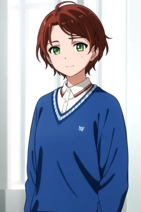 1girl, masterpiece, highres, upperbody,short hair,green eyes <lora:MomoeSawakiR4:0.7>,MomoeSawakiR4,blue sweater