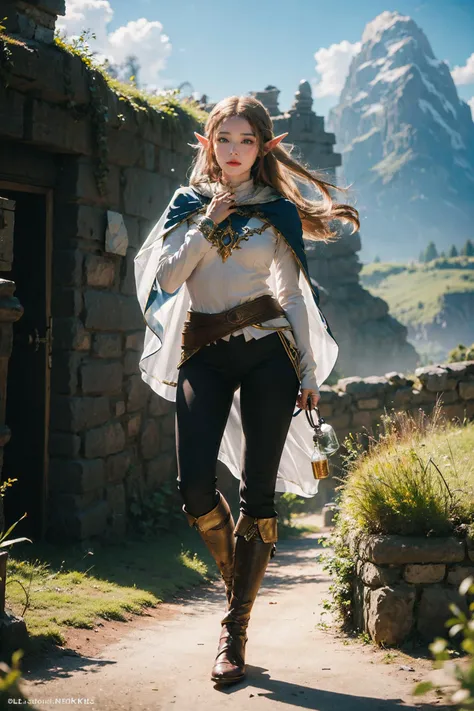 (photorealistic:1.4),8k,(masterpiece), best quality, highest quality, (detailed face:1.5),original,highres, unparalleled masterpiece, ultra realistic 8k, perfect artwork, ((perfect female figure)),mature female, milf, narrow waist, skinny,detailed skin,
1girl, solo, looking at viewer,pricess zelda, nintendo, the legend of zelda, botw,black pants,pointy ears, elf, capelet,full body,kahuka1,sunlight, nature, nature light,(castle:1.2), standing, cloud, cloudy sky, mountain, standing,holding bottle, hand in own hair,
<lora:zelda_botw_v1:0.6> <lora:kahuka-pynoise:1.2>