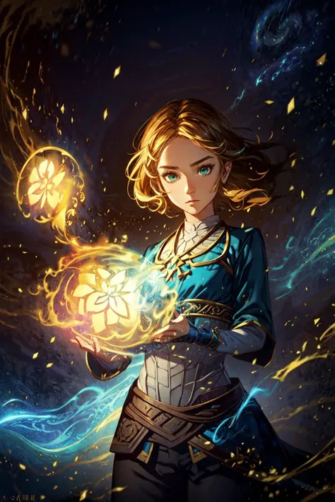 style-swirlmagic,1girl,pricess zelda, nintendo, the legend of zelda, botw,blonde hair,long hair,green eyes,black pants,blue detail shirt,standing,from front,serious expression,golden magic in hand,golden particles,night,darkness,masterpiece,extremely detailed CG unity 8k wallpaper, best quality,32k,focus sharp, <lora:zelda_botw_v1:0.8>, <lora:Light and Shadow:1>, <lora:add_detail:1>