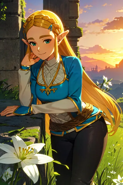 (masterpiece),high quality,super detailed,4k,sharp focus,1girl,pricess zelda, nintendo, the legend of zelda,big smile,smile,botw style,front view,blonde hair,long hair,crouched,touching a white flower,looking at flower,ruins background,sunset,sunset light,(black pants),good finger,good hand,<lora:zelda_botw_v1:0.7>, <lora:botw_style_offset:0.7>, <lyco:GoodHands-beta2:0.8>