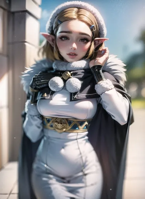 masterpiece, best quality, ultra-detailed, detailed face, delicate eyes, gradient eyes, gradient hair, light tracing, real skin, 1girl, solo, , embarassed, wearing hanten, sexy, at (Providencia, Colombia:1.2), sunny day, <lora:zeldaBotwTotk_zeldaBotwV1:1> pricess zelda, nintendo, the legend of zelda, botw, black pants, white dress, dress, totk, short hair, capelet, fur trim, fur trimmed coat