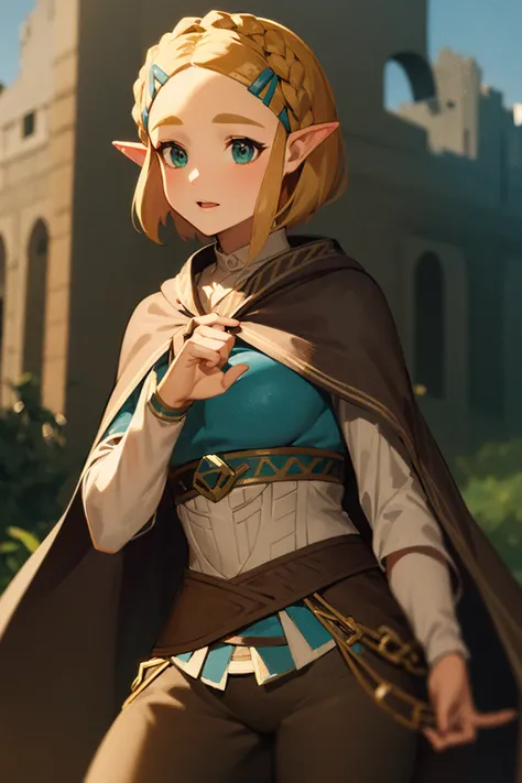 masterpiece, best quality, <lora:zeldaBotwTotk_zeldaBotwV1:0.7>, 1girl, solo, princess zelda, nintendo, the legend of zelda, botw,totk, short hair, capelet, castle ruin, cowboy shot,