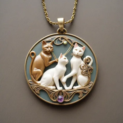 cats playing with yarn art nouveau necklace, intricate and det<lora:Art_Nouveau_Necklaces_XL:1.3>