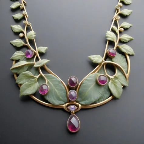 gemstone leaves and lush verdant garden art nouveau necklace<lora:Art_Nouveau_Necklaces_XL:1.3>