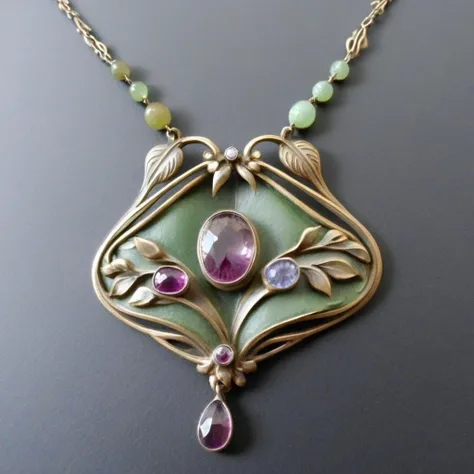 gemstone leaves and lush verdant garden art nouveau necklace<lora:Art_Nouveau_Necklaces_XL:1.3>