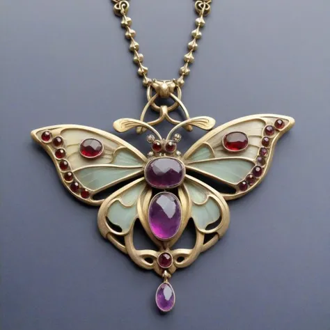 gemstone butterfly sphinx art nouveau necklace<lora:Art_Nouveau_Necklaces_XL:1.3>