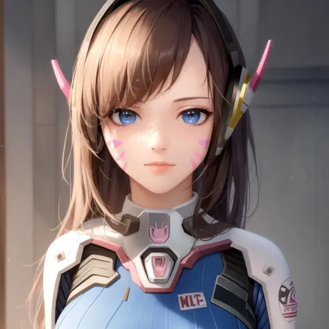 masterpiece,best quality,extremely clear 8k wallpaper,sidelighting, 1girl,absurdres,d.va \(overwatch\),solo,looking at viewer,blue bodysuit,whisker markings, <lora:D.Va:1>