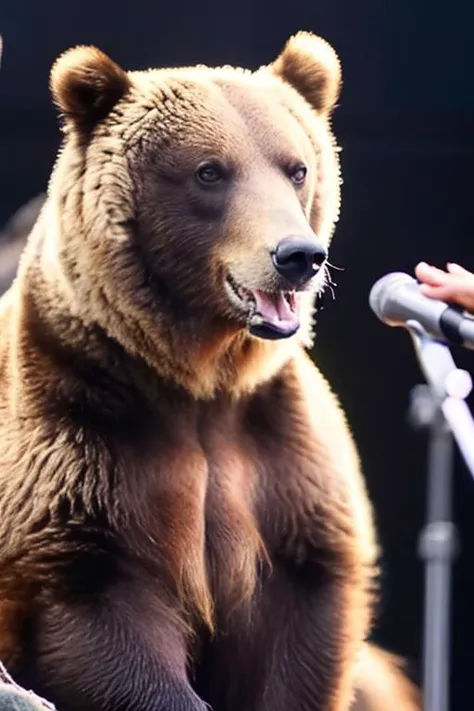 (masterpiece, best quality:1.4), 8k, highres, shiny skin, lips, super detailed skin, detailed beautiful face and eyes, spotlight, professional lighting, hands up, smile, An adorable grizzly bear cub playfully standing on its hind legs in the stage, its mouth open in a playful growl, exuding an aura of innocent mischief, slim body, white:1.4, sitting, kooo123, close up   <lora:grizzOO_v1:0.8>