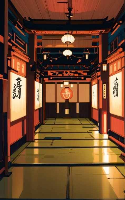 warmly lit interior, in a Bold Dojo<lora:EnvyStylizedXL01:0.9>