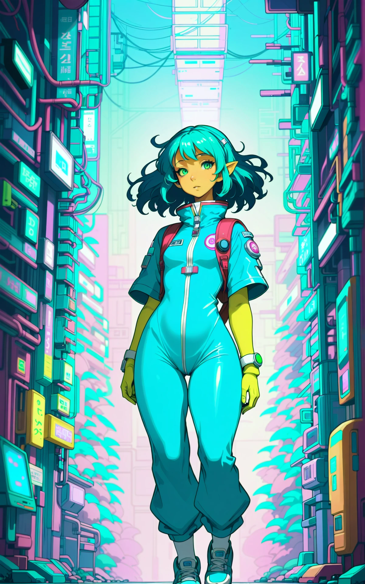 scifi, solarpunk, alien, chemist, full body, wearing radiant aqua work clothes<lora:EnvySendNoodzXL01:-0.5><lora:EnvyStylizedXL01:1.05>