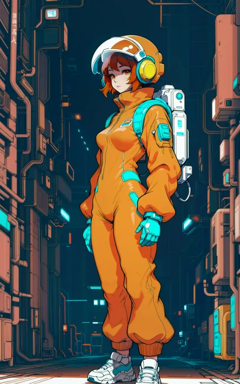 scifi, mecha pilot, full body, wearing subsurface scattering  red-orange futuristic casual clothes<lora:EnvySendNoodzXL01:-0.5><lora:EnvyStylizedXL01:1>