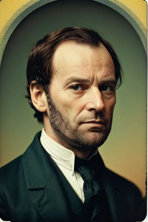 WilliamTSherman, Century Camera Co. Studio, 160mm f/8, 1/10s, ISO 25, ((tintype, portrait, full color, bold color, yellow, green, gradient)), ((geometric halftone background))