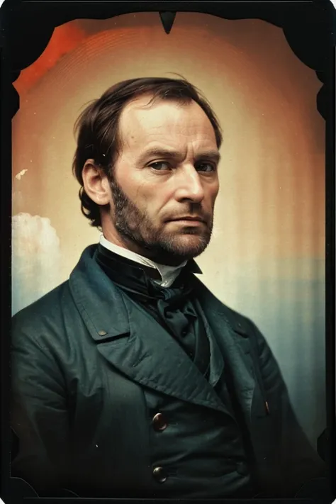 WilliamTSherman, Century Camera Co. Studio, 160mm f/8, 1/10s, ISO 25, ((tintype:1.3)), ((portrait, full color, bold color, orange, red, gradient)), ((geometric halftone background))