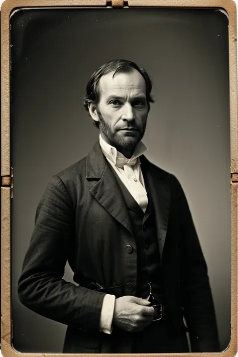 WilliamTSherman, photography by (Rodney Smith:1.3), ((upper body focus, waist)), modelshoot, pose, (peasant man, medieval France 1200, filthy dirty village, mud streets, poor, long loose-fitting tunic, coarse wool or linen, ankle-length, long sleeves, natural undyed color, brown, grey, beige, tied at waist, belt, rough fabric, kerchief, head covering, woven, work, wool cloak, shawl, worn appearance, faded, stained, patched, coarse fabric), (facing viewer, looking at viewer, blurry background, bokeh, ID photo:1.3), Century Camera Co. Studio, 160mm f/8, 1/10s, ISO 25, ((tintype)), grin:1.3