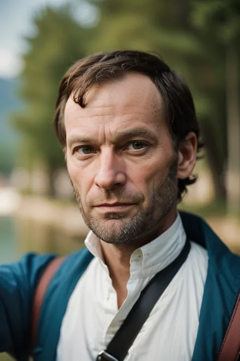 WilliamTSherman, ((selfie)) photo, serious look, outdoors, mountains, wearing a backpack, sweater, hiking jacket, rocks, river, wood, analog style, (look at viewer:1.2), (skin texture), close up, cinematic light, sidelighting, Fujiflim XT3, DSLR, 50mm