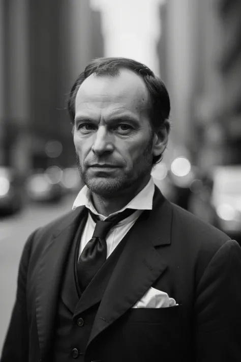 WilliamTSherman, photography by (Rodney Smith:1.3), ((face focus, shoulders)), modelshoot, pose, (business suit, facing viewer, busy Manhattan sidewalk, looking at viewer, blurry background, bokeh, ID photo:1.3), grin
