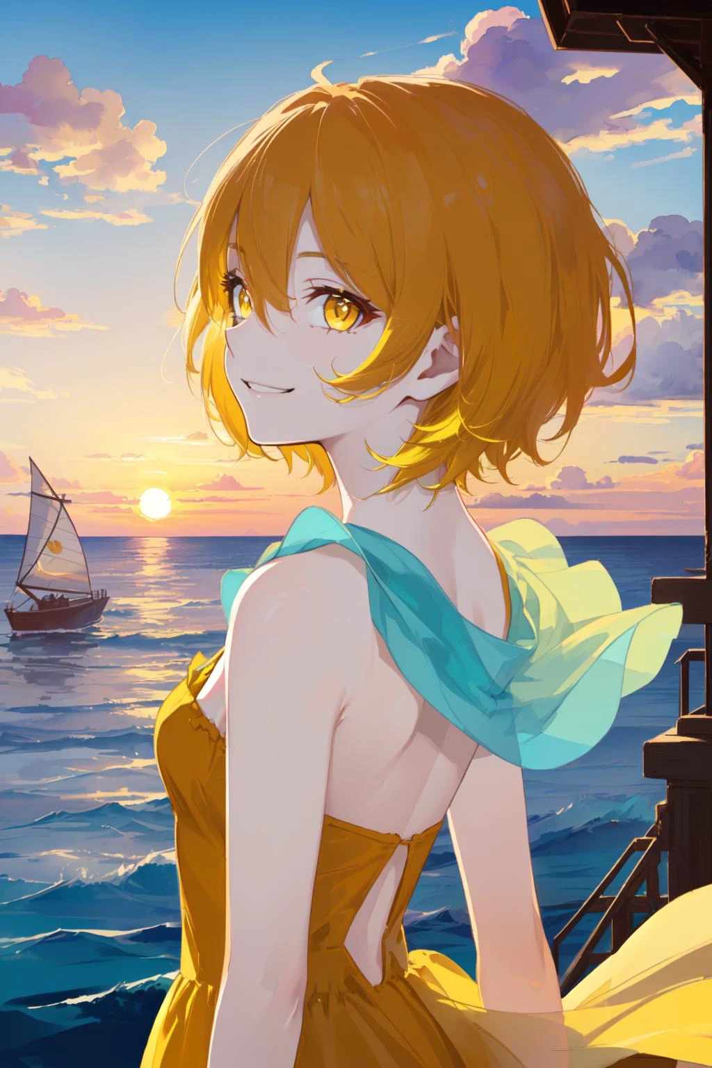 (side view,full shot,low view,bright:1.5),
(color pencil illustration mixed with watercolor illustration,bright and clean color:1.2)
extremely detailed CG unity 16k wallpaper,best quality, highly detailed, hyper detailed, ultra high res, delicate background, depth of field,gorgeous art,
(detailed coloring,perfect details eyes,dreamy luminous spot,cool sea breeze:1.5),
fantasy illustration,(beautiful sunset background,sunset clouds,vibrant small port:1.4),
1girl,small breasts,energetic,(turning back,looking at viewer,facing the viewer:1.5),(smirk:1.2),
(bright yellow eyes:1.312),(boyish haircut hair,bright yellow hair:1.5),(pale white skin:1.02),
<lora:lightup_brightness_v200:0.45> <lora:LoRA_Don:0.6>dondef