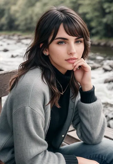 Chelsie Deville ((Wearing a turtleneck sweater and distressed jeans)), ((Professional Photo Shoot)), ((out in the country next to a river)), ((sitting on a bench next to a river)), ((Real Skin with Pores)), model shoot style, extremely intricate, High Detail, Sharp focus, dramatic, soft cinematic light, (looking at viewer), (Real Eyes), (Detailed Eye Corneas) (detailed pupils), smiling, 24mm, photo lab, elegant, insane details, hyperdetailed, low contrast, epiCRealism, (((SFW)))